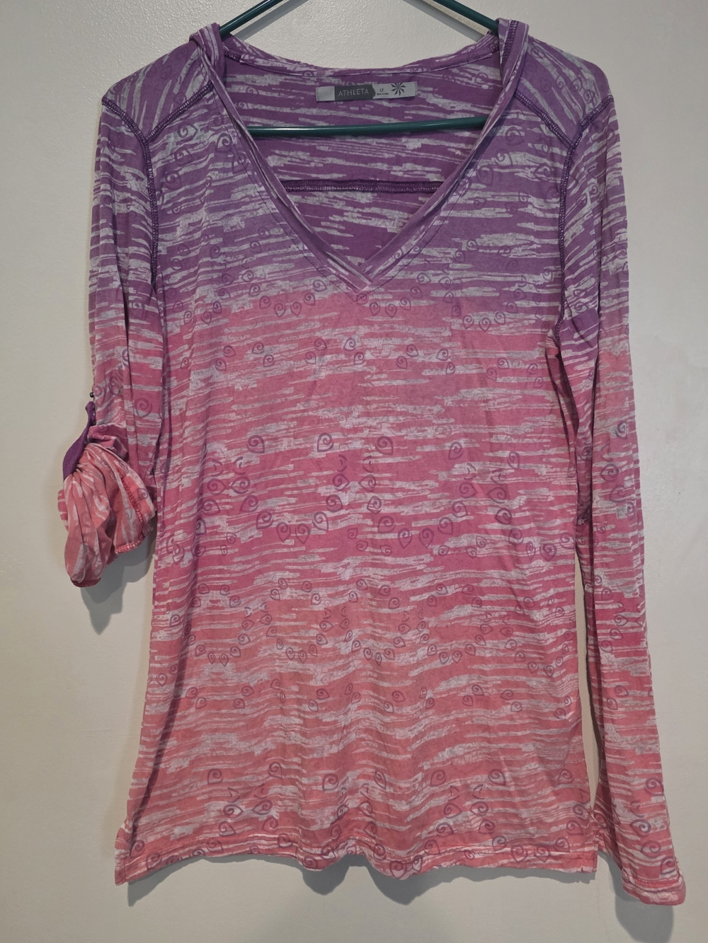 Athleta Striped Hooded V-Neck Long Sleeve Top Purple Pink Women's L Activewear